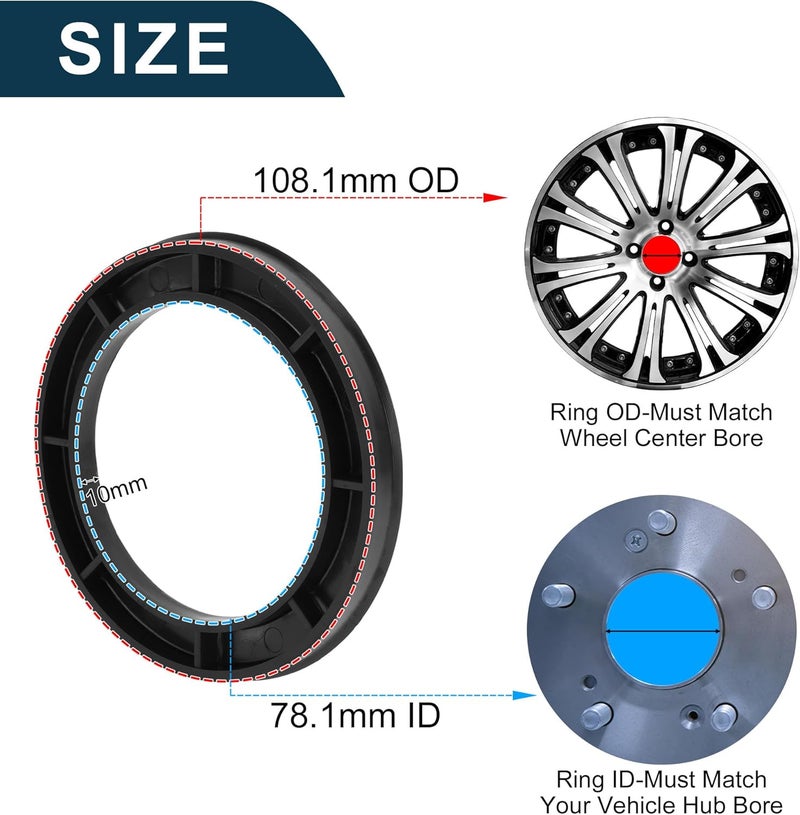 TUCKBOLD Car Wheel Hub Centric Rings Durable Wheels Center Shaft Shock Absorbing Hubrings Black 2 Pcs OD 108.1mm to ID 78.1 mm Polycarbonate - Image 3